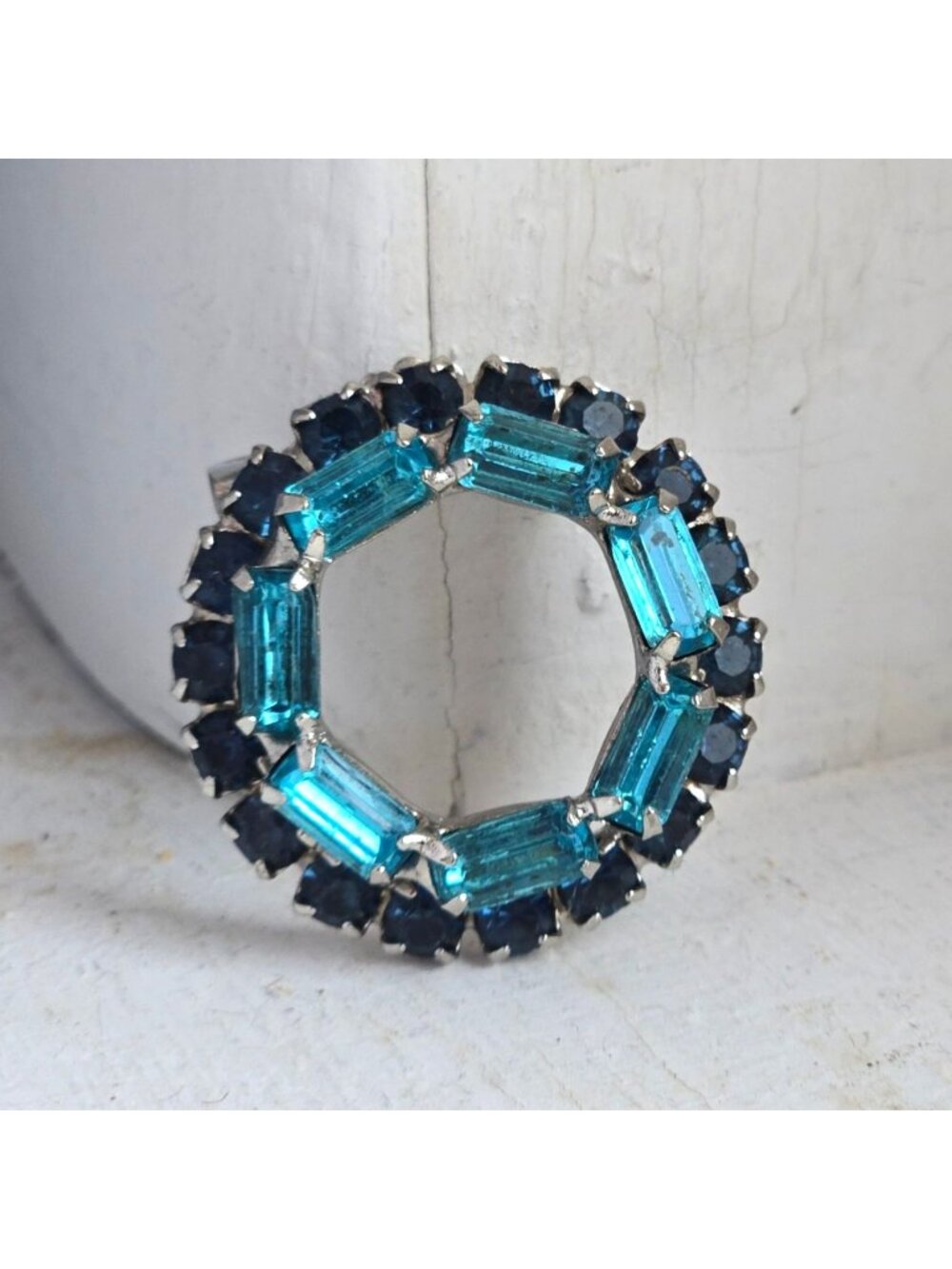 Vintage Brooch Aqua Baguette & Dark Blue Rhinestones Mid-Century Jewelry Costume